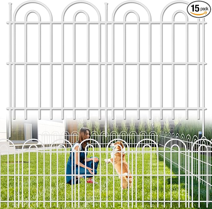 15 Panels Decorative Garden Fence, 32 in(H) X 30 ft(L) No Dig Dog Fence Outdoor for Yard, Rustproof Tall Metal Garden Fencing Animal Barrier with Ground Stakes, Temporary Fencing for Patio, White