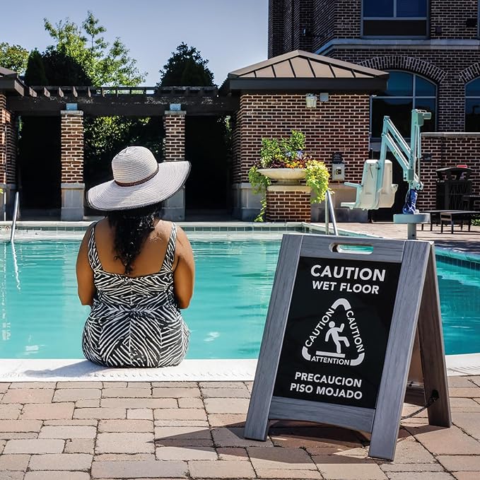 Premium Outdoor Composite Caution Wet Floor Sign – Bilingual w/Non-Skid Plastic Feet, Black Plate – For Hotels, Schools, Offices, Areas, Restrooms, Pool Decks & Shops, Grey