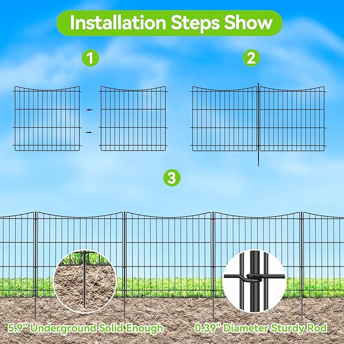 INJOPEXI Decorative Garden Fence 6 Panels 11.8ft(L)×24in(H) Garden Fences with 6 Panels Rustproof Metal Wire No Dig Temporary Animal Barrier Fencing Dog Fence for Yard Outdoor Patio - Without Gate