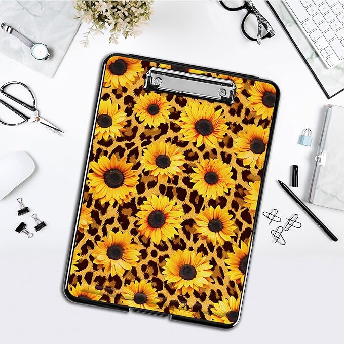 Clipboard with Storage,Office Supplies Nursing Clipboards Folder with Pen Holder Plastic Foldable Clip Board with Storage for Nurse Teacher,Sunflower Leopard Print