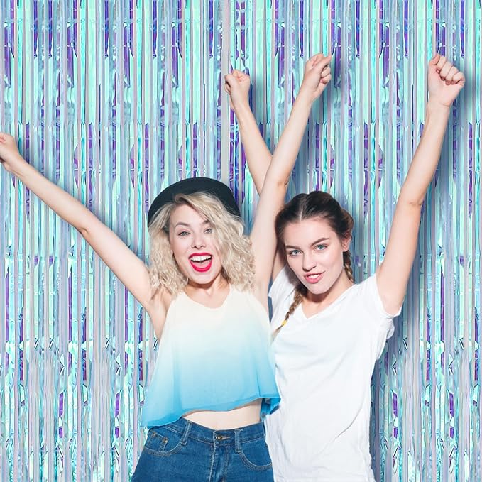 3 Pack 3.3x8.2 Feet Neon Iridescent Foil Fringe Backdrop Curtains, Tinsel Streamers Birthday Party Decorations, Fringe Backdrop for Graduation, Baby Shower, Gender Reveal, Disco Party