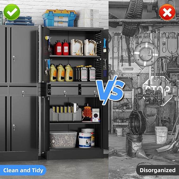 71" H Metal Garage Storage Cabinet with Pedboard and Adjustable Shelves,Metal Tool Storage Cabinet with 2 Drawers for Garage, Warehouse,Utility Room,Assembly Required,Black