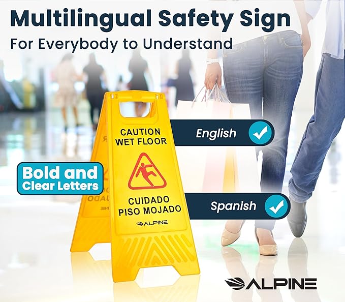 Alpine Wet Floor Signs 3 Pack - 24 Inch Caution Wet Floor Sign, High Visibility Yellow Slippery When Wet Sign - Bilingual Safety Warning Sign to Easily Avoid Slippery Accidents in High Traffic Areas