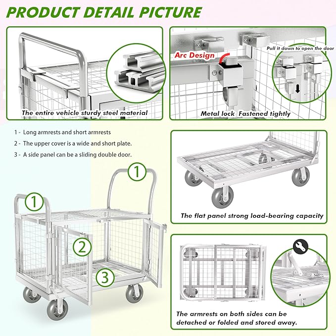 Platform Truck Cart with Cage 2-Door Design 7 in 1 Mutipurpose Handcart with 5" Wheel 39"x25" Large Uitility Cart, Mesh Plate w/Removalble Fence 6-Side, Load 2000lbs for Grocery/Laundry/Stall/Storage