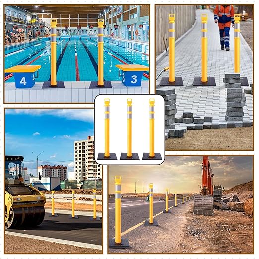 Kanayu 49 Inch Traffic Delineator Posts with 8.8 Lbs Rubber Base PE Delineator Post Portable Parking Pole Traffic Cone Barrier with Removable Base, Reflective Band(4 Packs,Yellow)