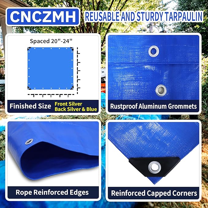 Tarp Waterproof 12x40 Feet, 8 Mil Thick Finished Size Blue Poly Tarpaulin Outdoor, Metal Grommets, Reinforced Edges, Multipurpose Tarps Protective Cover for Camping Boat Plant