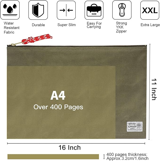 Rough Enough Important Document Storage Bag File Folder Organizer Pouch with Zipper Waxed Canvas Water Repellent for Travel Office Legal Size Green