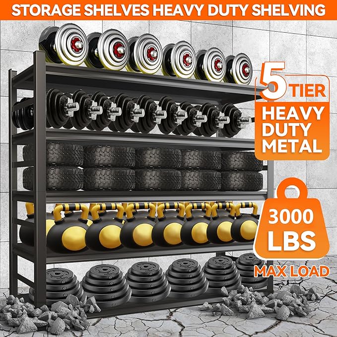 Metal Garage Shelving Unit, Heavy Duty Steel Storage Shelves, 3000 lbs Capacity, Adjustable 5-Tier Metal Shelf, Ideal for Garage, Warehouse, or Home Organization (with fence 47.24" W x 18" D x 78" H)