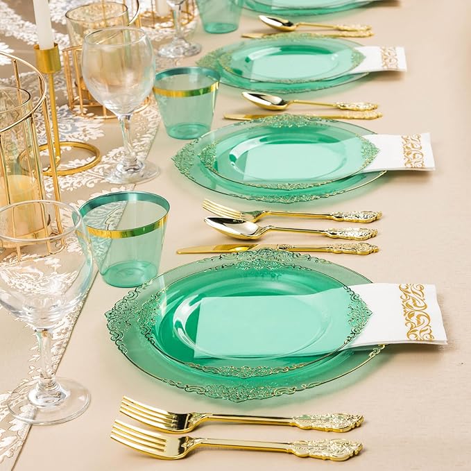175PCS Clear Green Plastic Plates for 25 Guests, Disposable Plates with Gold Trim include 50 Dinner Plates, 75 Gold Silverware, 25 Cups, 25 Napkins for Party, Wedding and Graduation