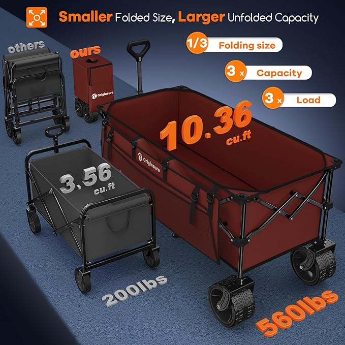 48" L Collapsible Wagon Cart Foldable, 560lbs Weight Capacity 300L Heavy Duty Folding Beach Wagons with Big All-Terrain Wheels, Utility Carts for Groceries, Shopping, Camping, Sports-red
