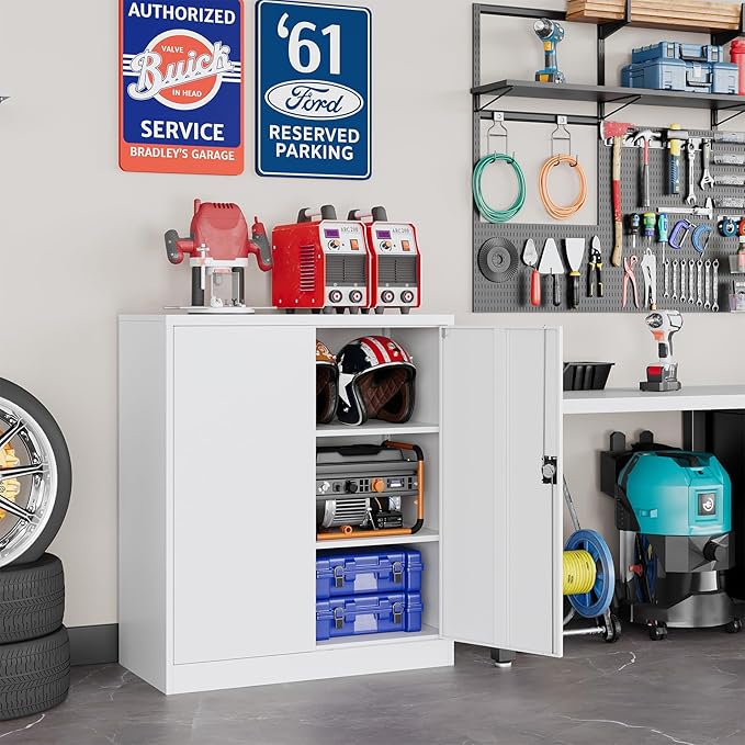 Metal Garage Storage Cabinets with Lock, 36" Tall Tool Cabinet with 2 Door and 2 Adjustable Shelves, Locking Garage Cabinets and Lockable Steel Locker for Home Office Warehouse - (White-36”H)