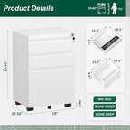 Superday File Cabinet 3 Drawer, Fully Assembled Metal Rolling Vertical Filing Cabinet with Wheels, Small Under Desk File Cabinets for Home Office (White)