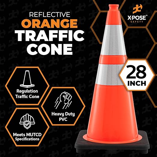 Xpose Safety 28 Inch Orange Traffic Cones with 6" & 4" Collars, 1-Pack - Multipurpose PVC Plastic Safety Cone for Parking, Soccer, Caution, Kids and Construction - DOT Approved