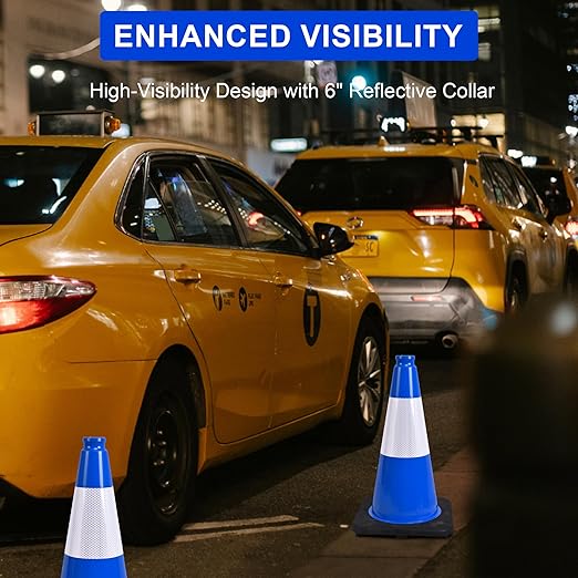 OrangeStar 18" Traffic Cones 4-Pack Blue Safety Cones with Reflective Collars, Heavy Duty Base for Construction, Parking Lot, Road Work, Flexible PVC, Indoor & Outdoor Use