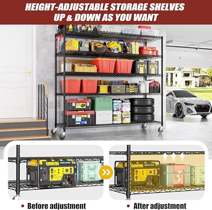 PrimeZone 5 Tier 80.7" H x 55.5" W x 24" D Wire Shelving with Wheels 3000lbs NSF Certified Storage Shelves Heavy Duty Metal Shelf Adjustable Rolling Rack Commercial Garage Restaurant Warehouse 8Pack