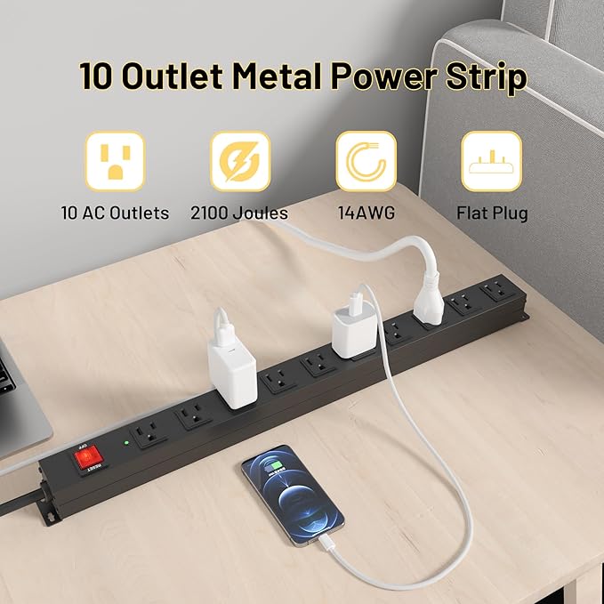 KF 10 Outlet Heavy Duty Power Strip, 2100J Surge Protector with 6FT Extension Cord, 15A/1875W Wall Mount Power Strip Design,Safety Switch,Overload Protection for Home Office Workshop - Black