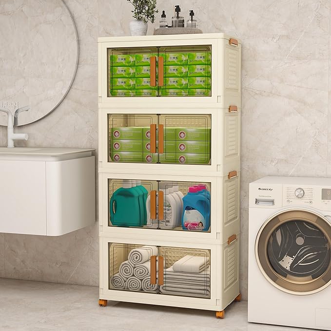 Plastic Stackable Storage Bins with Lids and Wheels, 148.8QT-37.2QT*4Tier Foldable Storage Containers and Collapsible Clear Storage Cabinet with Doors Ivory White