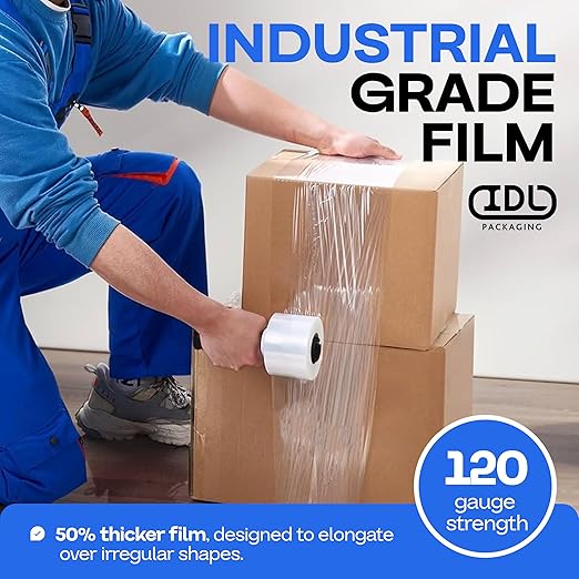 IDL Packaging 3" Stretch Wrap Mini Roll, 700 feet, 120 Gauge (Pack of 4) with a Plastic Handle Included – Industrial Grade Clear Plastic Wrap – Improved Protection for Packing, Moving, or Office