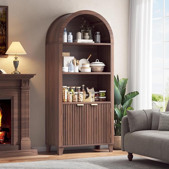 Arched Kitchen Pantry, 5-Tier Arched Cabinet with Fluted Doors, Storage Cabinet with Open & Adjustable Shelves, Versatile Cupboard for Dining Room, Living Room, Walnut