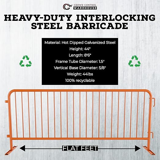Angry Bull Barricades Heavy Duty Crowd Control Metal Interlocking Barricade with Flat No-Trip Feet - 8.5 Ft. (Safety Orange) (10 Pack)