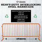 Angry Bull Barricades Heavy Duty Crowd Control Metal Interlocking Barricade with Flat No-Trip Feet - 8.5 Ft. (Safety Orange) (20 Pack)