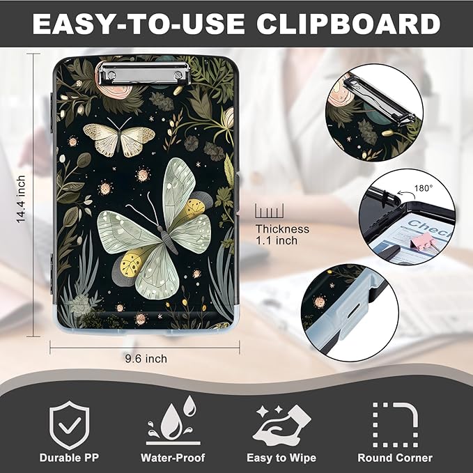 Clipboard with Storage,Storage Clipboard with Pen Holder,Heavy Duty Plastic Storage Clipboard with Low Profile Clip, Clipboard Folder, Teacher Must Haves, Office Supplies,Butterfly Florals