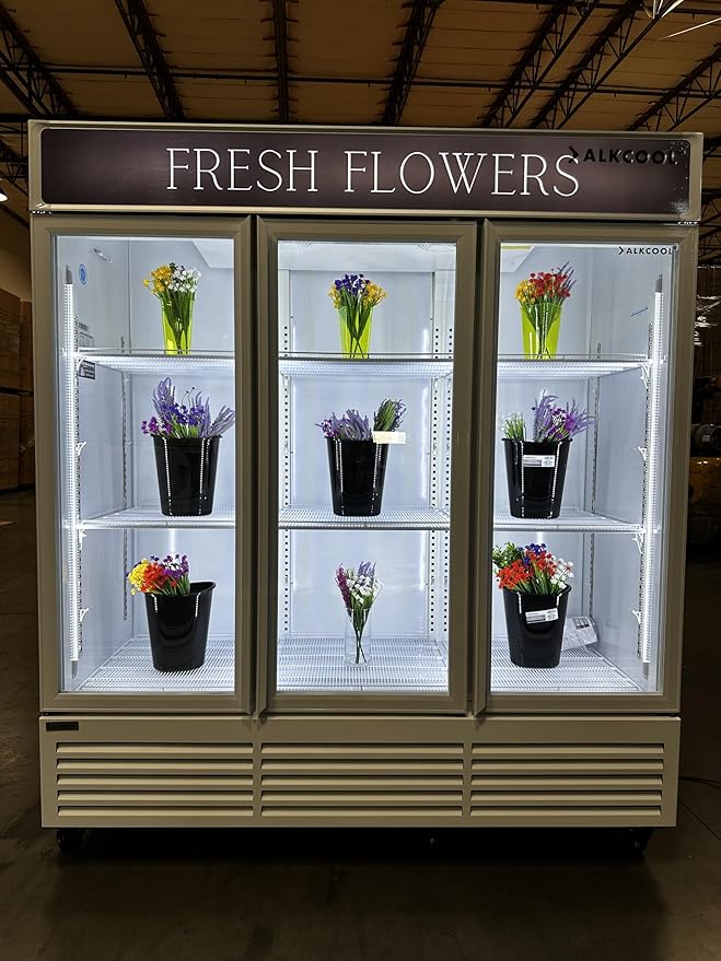 Commercial Flower Refrigerator Floral Display Cooler,White 3 Glass Doors Floral Fridge With LED Light Adjustable Shelves,ETL Sanitation,71" Wide,63.5 Cuft, Wheels Included