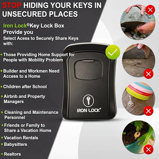 Iron Lock® Key Lock Box Wall Mount – Medium Waterproof Heavy-Duty Metal Safe with 4-Digit Combination for Outdoor Access, Home Entry, Office Security, Rentals & Airbnb Use (Black, Medium)