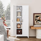 White Tall Farmhouse Metal Pantry Linen Storage Cabinet and Organizers - Cupboard 75" H x31.5 W x15.7 D Rustic Hutch Cabinet Bookcase with Doors and Adjustable Shelves for Home Office
