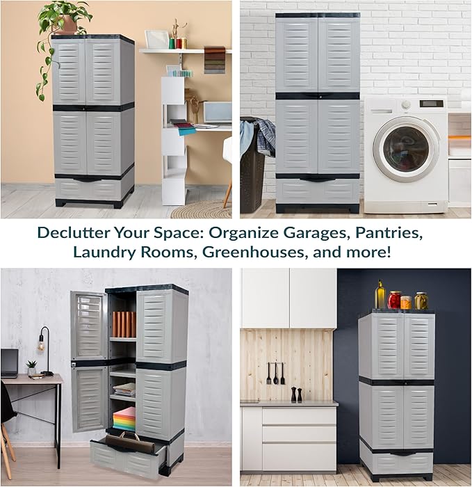 Sunnydaze Lockable Storage Cabinet - Indoor or Garage Storage Cabinet with 3 Adjustable Shelves - 57.5" H - Garage, Office, Home, Laundry Room - Gray