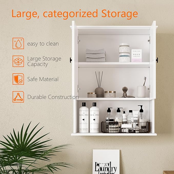 White Medicine Cabinet, 24x30 Inch Bathroom Cabinet Storage with 2 Doors and Adjustable Shelves,Over The Toilet Storage Cabinet, Above Toilet Storage Cabinet for Small Spaces