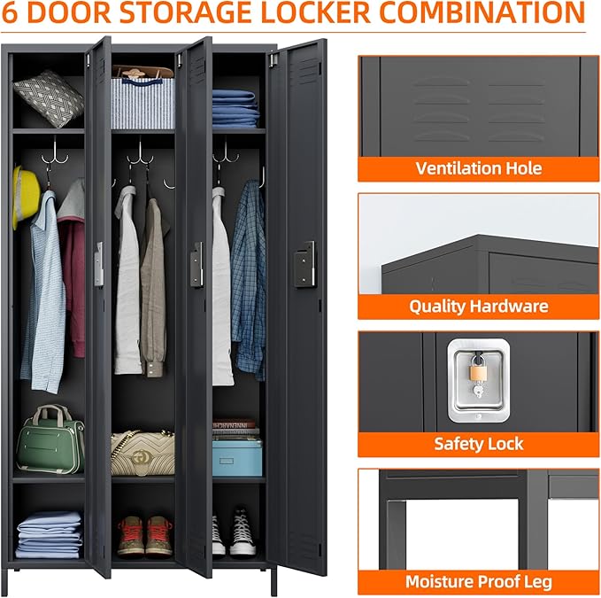Metal Storage Locker, 72" inch Tall Employee Locker with 3 Doors for Employees School Hospital Garage Gym Home Office with Hooks Requires Assembly (Dark Gray)