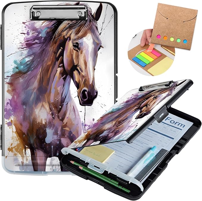 Cute Watercolor Horse Heavy Duty Plastic Storage Clipboard with Low Profile Clip - Pen Holder, Teacher Must Haves, Office Supplies