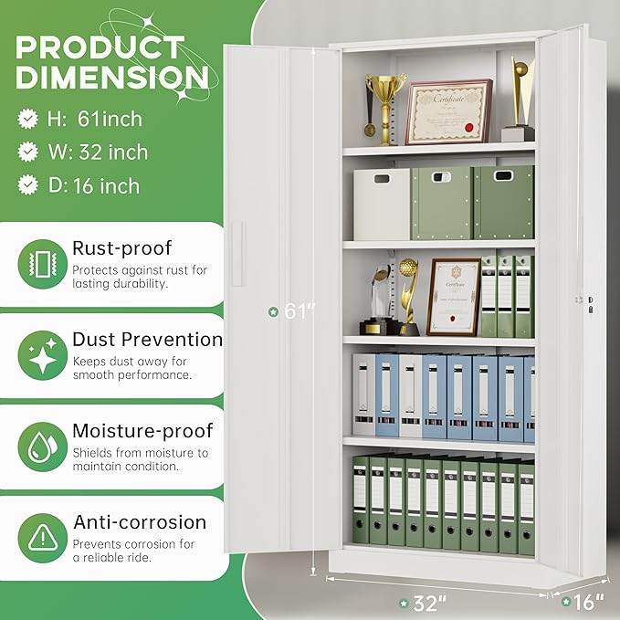 INTERGREAT Metal Storage Cabinet with Lock, 61" H Metal Cabinets Storage with 2 Doors and 4 Adjustable Shelves, Locking Garage Cabinet for Home Office, Kitchen, Bathroom (White)
