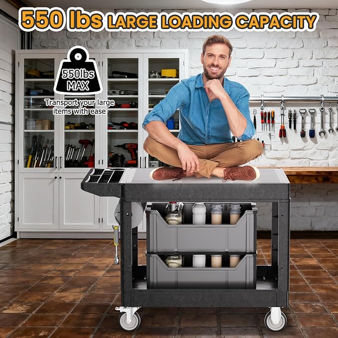 2-Tier Rolling Tool Cart,Heavy-Duty Plastic Service Cart with Lipped Shelves,550 lbs Capacity Utility Cart,Flat Top 46 x 26 Inch Rolling Work Carts for Garage,Salon,Kitchen,Office-Black