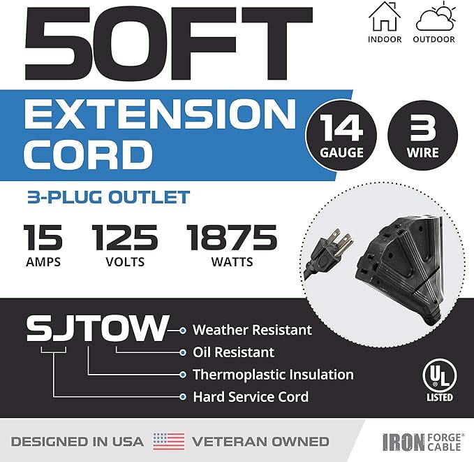Iron Forge Cable 14 Gauge Outdoor Extension Cord 50 Ft with 3 Power Outlets, SJTOW 14/3 Heavy Duty 50 ft Black Extension Cord 3 Prong, Oil Resistant & Flame Retardant