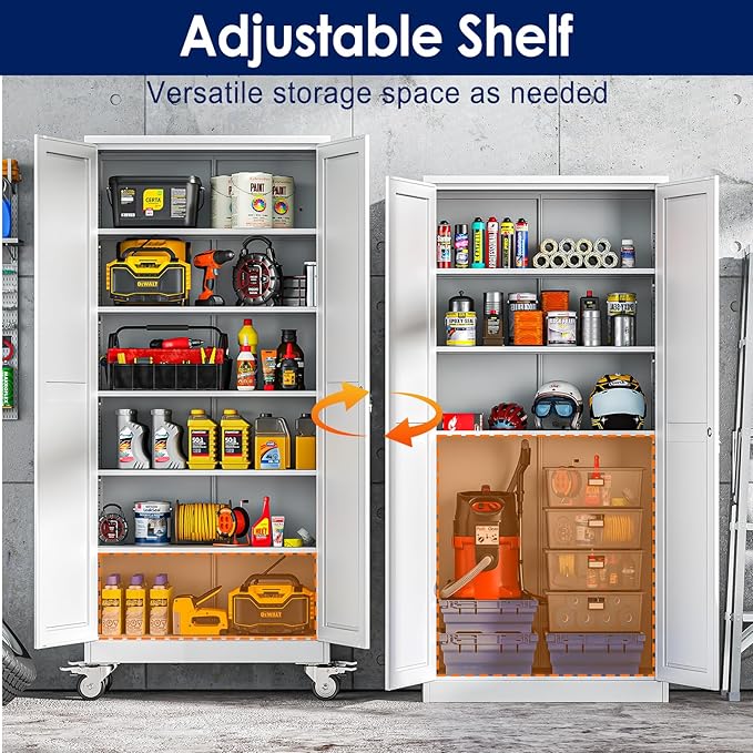75" H Metal Garage Storage Cabinet, Rolling Tool Cabinet with 2 Doors and Wheels, Locker Steel Cabinet with 5 Adjustable Shelves, Organization Cabinet for Garage,Office,Home,Gym,School（White）