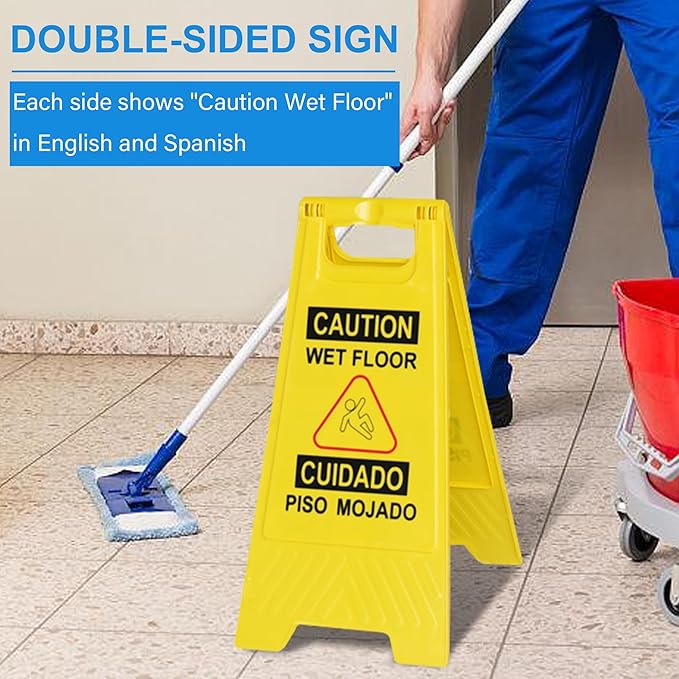 OrangeStar 12-Pack Caution Wet Floor Sign, 23.2” Double-Sided Bilingual Warning Signs for Commercial Use, Foldable A-Shaped Frame Safety Sign, Yellow