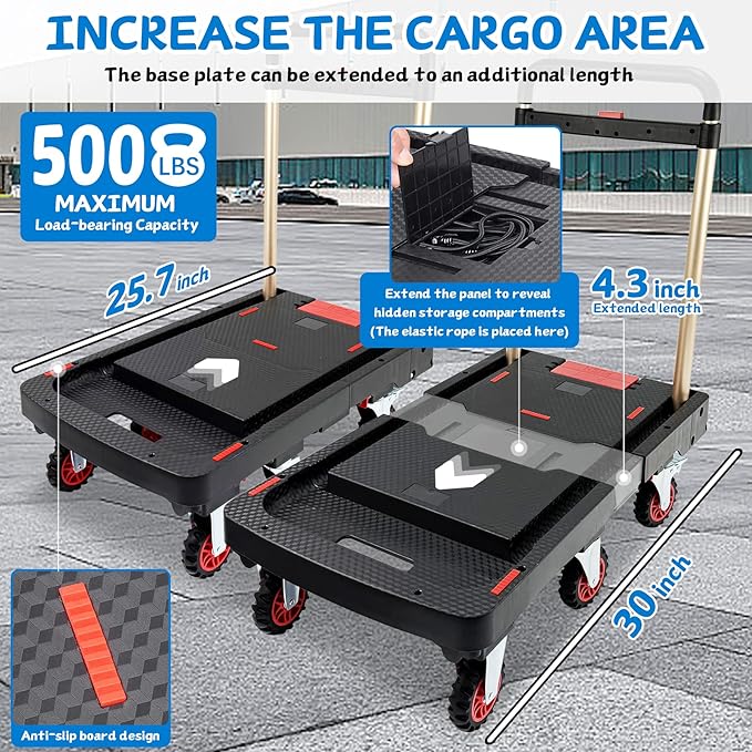 Heavy Duty 500lbs Capacity Hand Truck Collapsible Cart w/Brake Wheel, Retractable Platform & Handle,Sponge Grip,Portable Dolly Cart for Luggage,Camping,Delivery & Storage