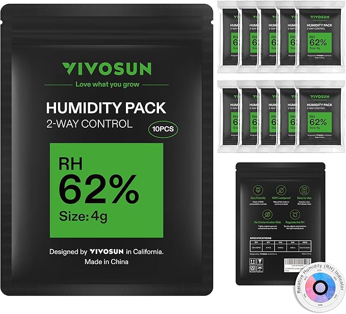 VIVOSUN 62% RH Two-Way Humidity Control Packs, Size 4 g, 10 Packs for Storing 1/2 oz, Moisture Balancer with RH Indicator Card for Food & Herb Storage