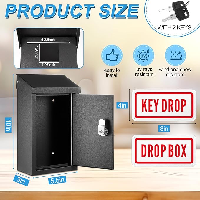 Metal Mount Wall Donation Box Key Lock Money Cash Drop Box with Top Slot and 2 Pcs Reflective Sign 10 x 5.5 x 3 Inch Safe Lock Mailbox with 2 Keys for Outside Office Business Home(Black)