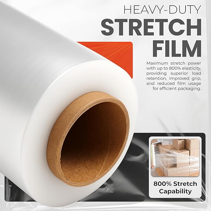 Heavy Duty 18" Shrink Wrap Roll – Clear Stretch Wrap for Moving & Packing | 7 Layer 80 Gauge Industrial Strength 1500 Ft Length 20 Micron Thick Up to 800% Stretch | Box of 4 Rolls