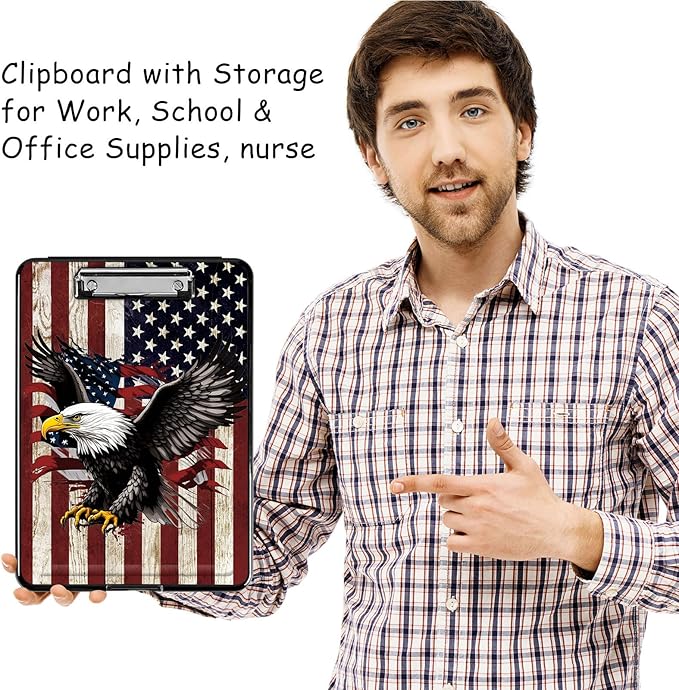Clipboard with Storage, High Capacity Plastic Storage Clipboard with Pen Holder for for Women Teachers Work, School & Office Supplies, Cute Pattern Decorative Clipboards, America Falg Eagle
