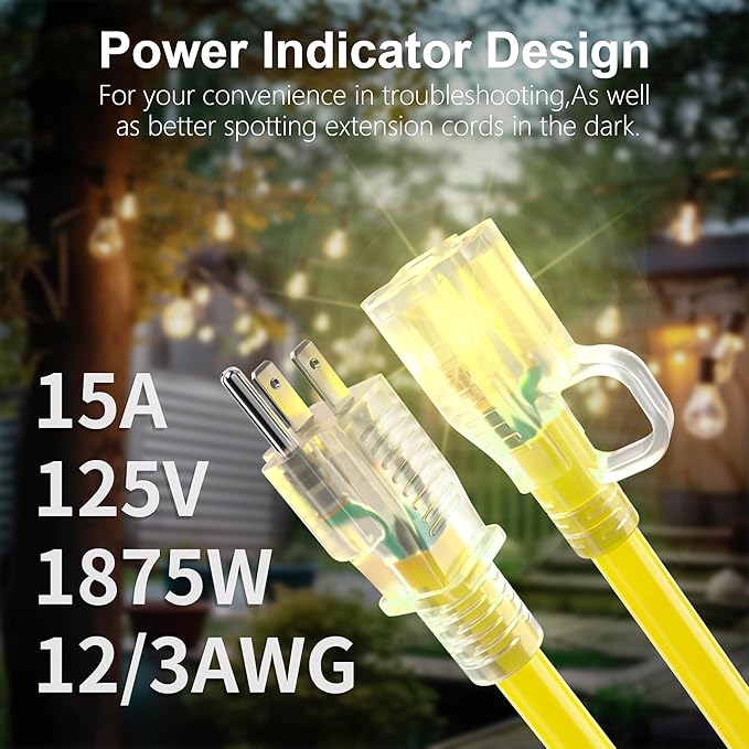 HUANCHAIN 12/3 Gauge Heavy Duty Outdoor Extension Cord 6 ft 2 Pack Waterproof with Lighted end, Flexible Cold-Resistant 3 Prong Electric Cord Outside, 15Amp 1875W 12AWG, Yellow, ETL