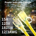 HUANCHAIN 12/3 Gauge Heavy Duty Outdoor Extension Cord 6 ft 2 Pack Waterproof with Lighted end, Flexible Cold-Resistant 3 Prong Electric Cord Outside, 15Amp 1875W 12AWG, Yellow, ETL