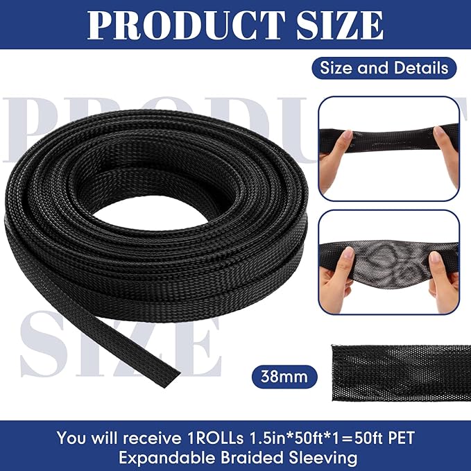 Pangda 50 Feet 1.5 Inch Wire Loom PET Expandable Braided Sleeving Braided Sleeve for TV, Computer, Home Theater (Black)