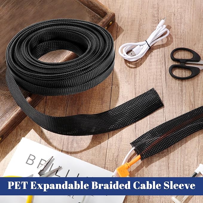 Pangda 50 Feet 1.5 Inch Wire Loom PET Expandable Braided Sleeving Braided Sleeve for TV, Computer, Home Theater (Black)