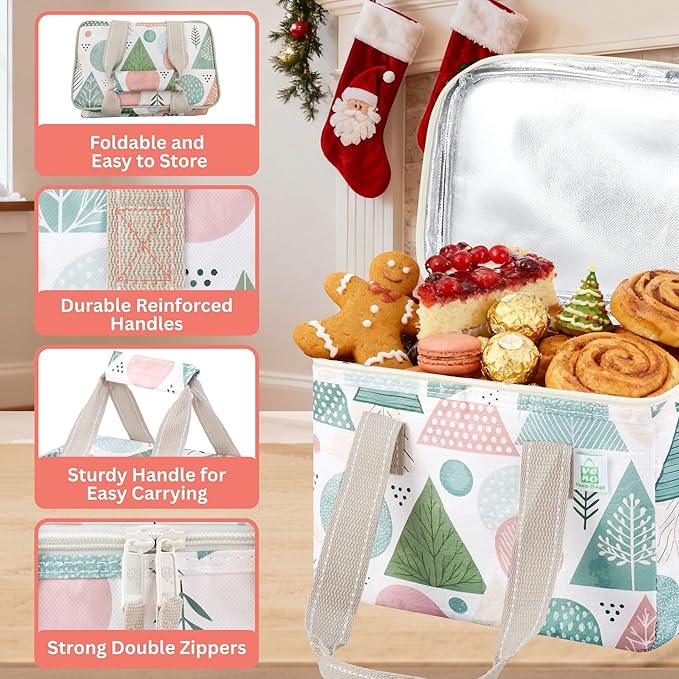 VENO 2 Pack Christmas Insulated Lunch Bag for Women Men, Reusable Lunch Box Grocery Shopping Bag Small Cooler with Handles Zippers for Work Office Picnic Beach (Pastel Forest)