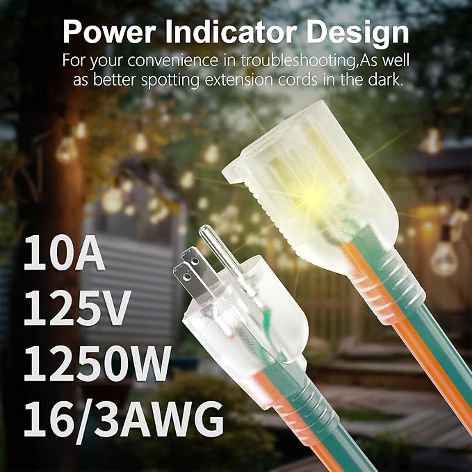 HUANCHAIN 16 Gauge 100 ft Outdoor Extension Cord with Lighted End, Flexible Cold-Resistant 3 Prong Electric Cord Waterproof Outside, 10Amp 1250W 16AWG SJTW, Orange Green, ETL