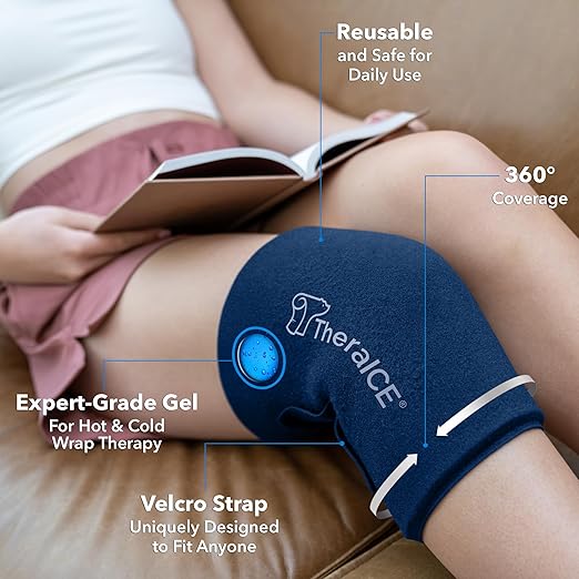 TheraICE Knee Ice Pack Wrap Compression ANYSleeve for Injuries, Reusable Elbow Calf Gel Cold Packs Brace, Adjustable Cold Recovery Wrap for Pain Relief -1 Size fits most people & Body parts -1 Unit